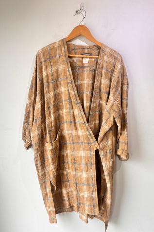 Issey Miyake Brown Plaid Linen Duster Jacket Selected by The Curatorial Dept.