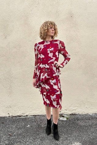 Hanae Mori Boutique Maroon Silk Peplum Dress Selected by The Curatorial Dept.