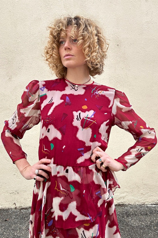 Hanae Mori Boutique Maroon Silk Peplum Dress Selected by The Curatorial Dept.