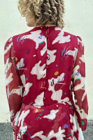 Hanae Mori Boutique Maroon Silk Peplum Dress Selected by The Curatorial Dept.