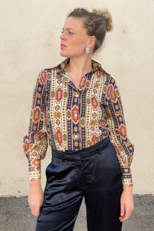 Vintage Brown & White Bohemian Print Blouse Selected by The Curatorial Dept.