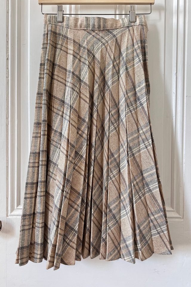 Vintage Plaid Neutral Pleated Midi Skirt Selected by KA.TL.AK