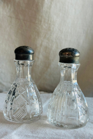 Vintage Cut Glass Salt and Pepper Shakers with Pewter Lids Selected by KA.TL.AK