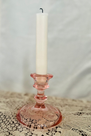 Vintage Depression Era Etched Pressed Glass Pink Candlestick Selected by KA.TL.AK