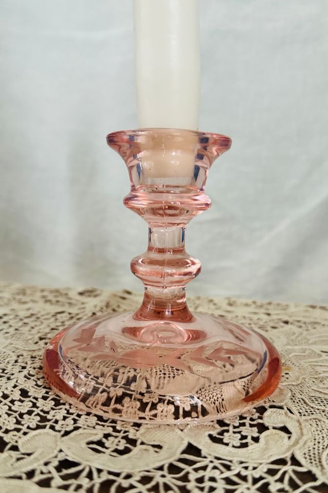 Vintage Depression Era Etched Pressed Glass Pink Candlestick Selected by KA.TL.AK #1