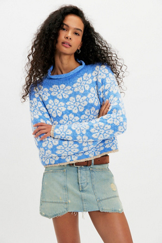 Opal Rollneck Knit Patterned Sweater by Free People in Blue, Size: L