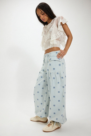 We The Free Lotus Embroidered Railroad Balloon Jeans at Free People in Light Wash, Size: 31