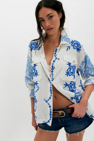 We The Free Toile Embroidered Button Down at Free People in Blue, Size: S