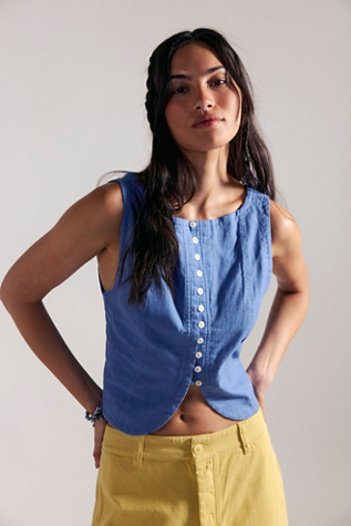 We The Free By The Sea Linen Tank Top at Free People in Blue, Size: S