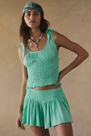 Cute & Smocked Cotton-Jersey Short Set by free-est at Free People in Green, Size: L