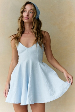 Tan Lines Stretch Linen Sweetheart Neck Jersey Mini Sundress by free-est at Free People in Blue, Size: XS