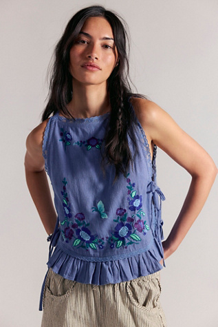 Elizabeth Embroidered Tank Top by Free People in Blue, Size: XS