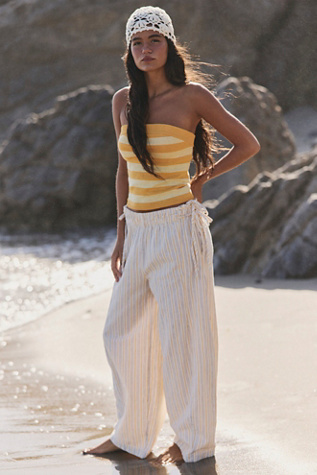 Sun Dazed Cotton-Linen Striped Pants | Free People