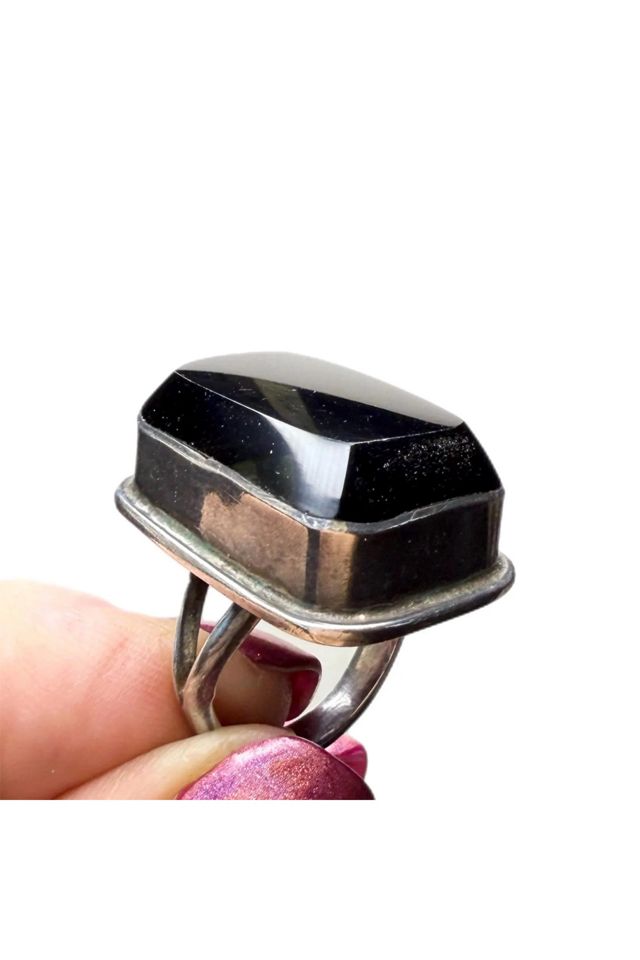 Vintage Sterling Silver + Faceted Onyx Ring Selected by Lux Revival #3
