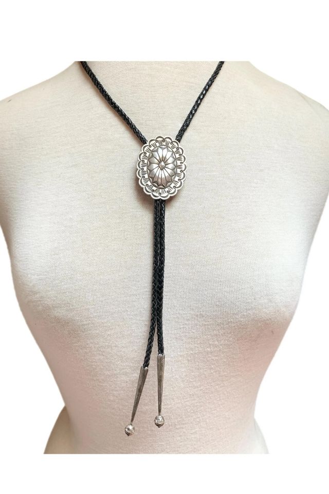 Vintage Sterling Silver + Leather Concho Bolo Tie Necklace Selected by Lux Revival #1