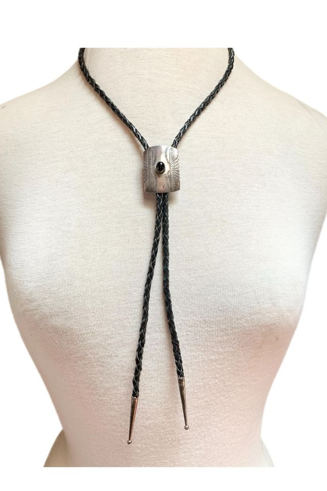 Vintage Sterling Silver + Onyx Concho Bolo Tie Necklace Selected by Lux Revival #1