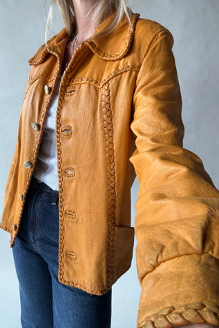 70s Tan Braided Trim Leather Jacket Selected by Wax Plant