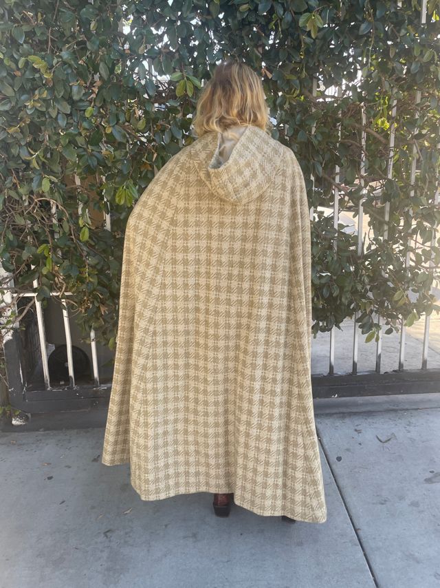 Vintage Handmade Tan Herringbone Wool Cape Selected by FernMercantile #1
