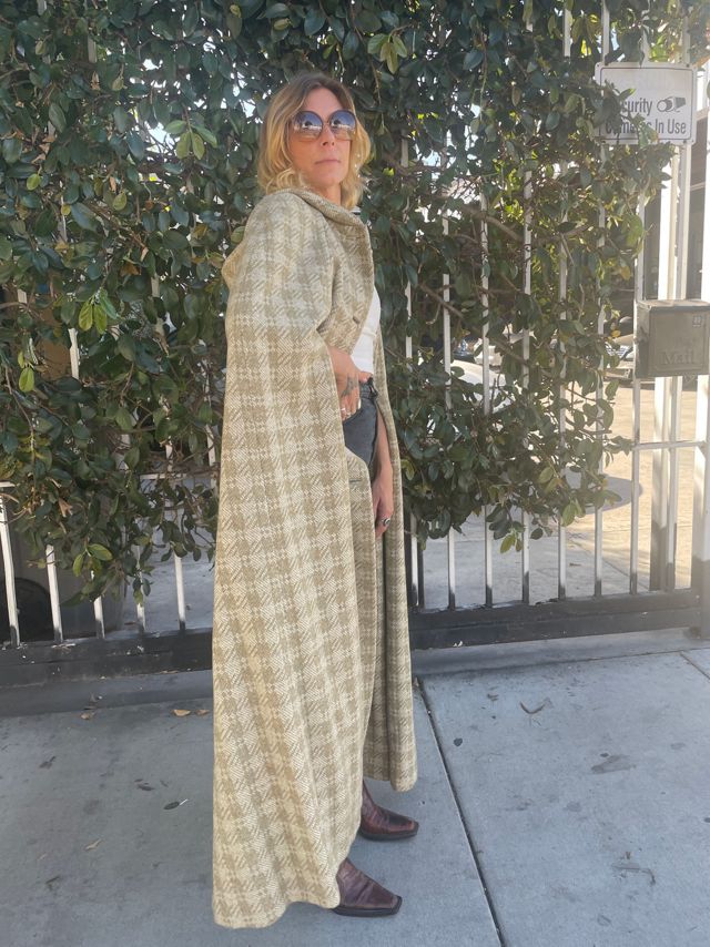 Vintage Handmade Tan Herringbone Wool Cape Selected by FernMercantile #2
