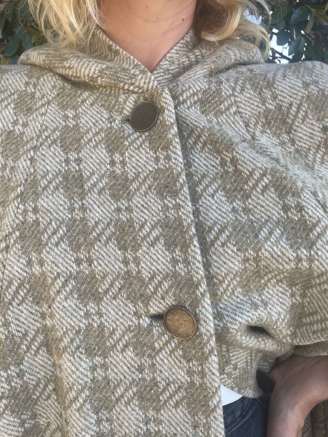 Vintage Handmade Tan Herringbone Wool Cape Selected by FernMercantile #3