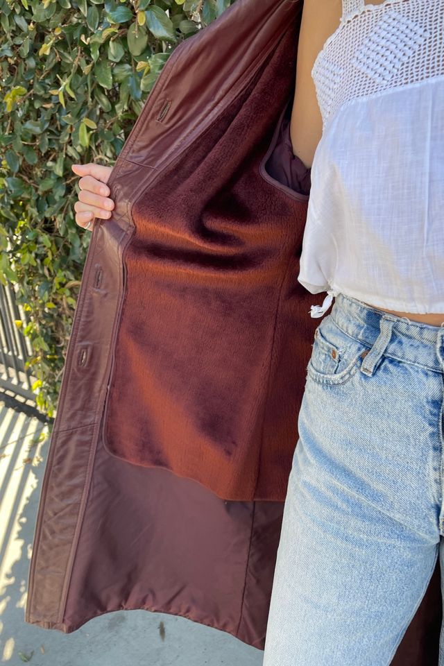 Vintage 1970's Burgundy Leather Trench Coat with Fleece Lining Selected by FernMercantile #3
