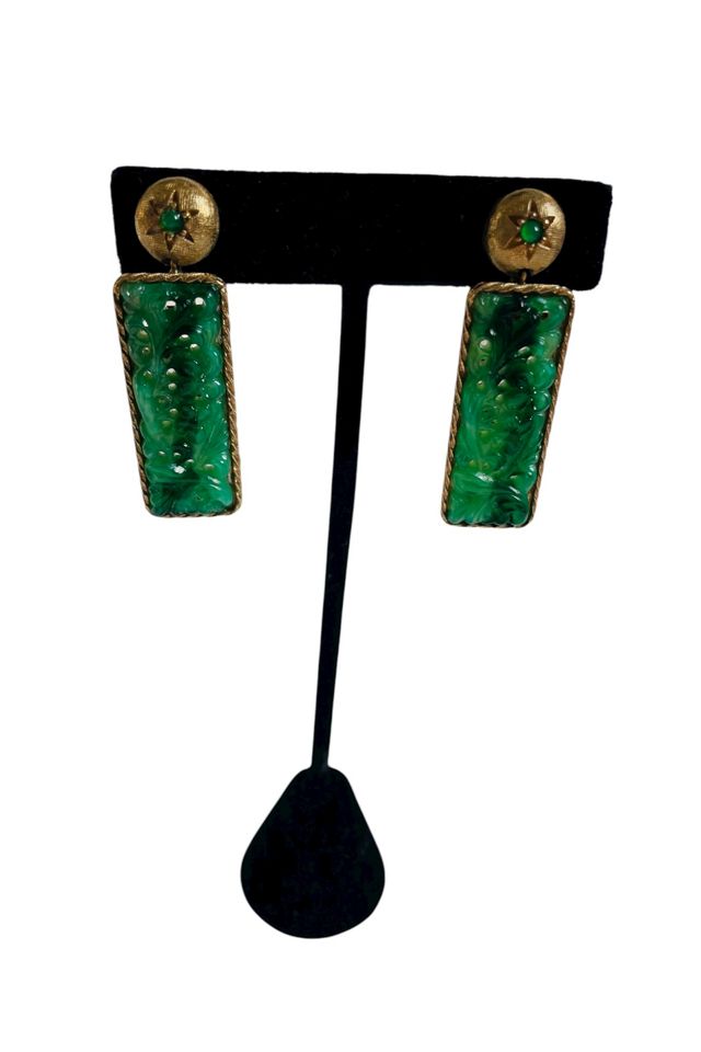 Vintage Ciner Carved Green Dangle Clip Earrings Selected by FernMercantile #1