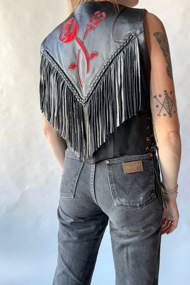 Vintage Rose Inlay Leather Fringe Vest Selected by Grievous Angel Vintage #1