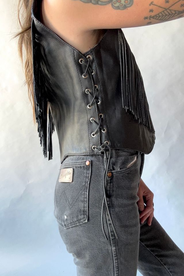 Vintage Rose Inlay Leather Fringe Vest Selected by Grievous Angel Vintage #2