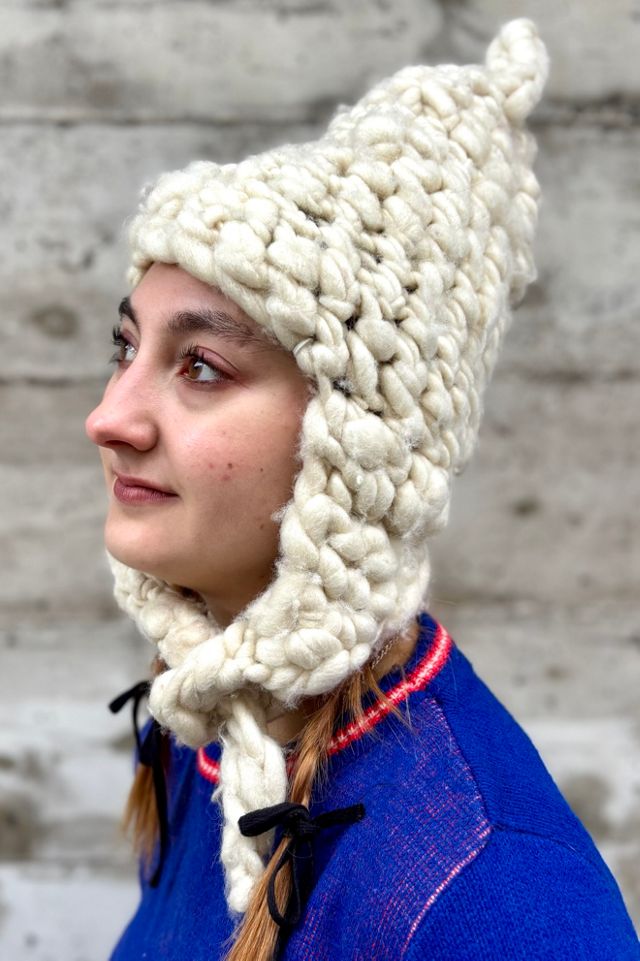 Oversized Chunky White Hand Knit Hat Selected by Nomad Vintage #1