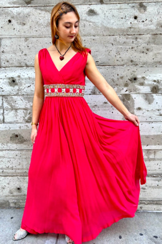 1960’s Red Rhinestone Encrusted Pleated Jumpsuit Selected by Nomad Vintage