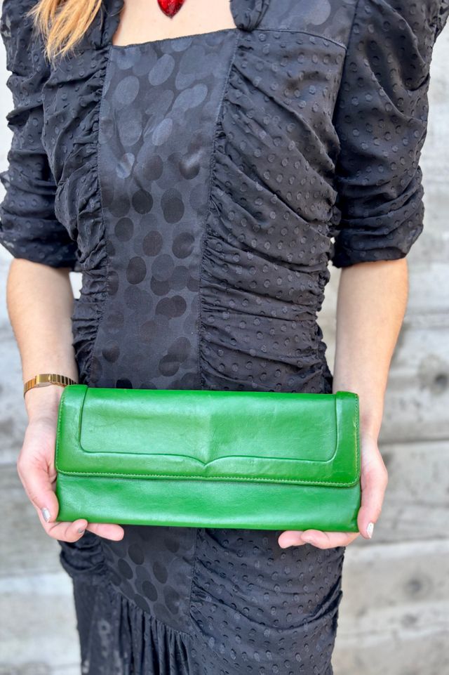 Vintage 1970’s Green Leather Clutch Purse Selected by Nomad Vintage #1