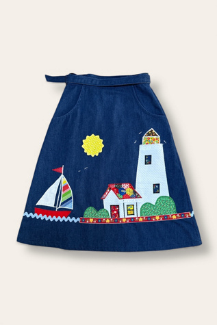 Vintage 1970's Denim & Applique  Wrap Skirt Selected By Afterlife Boutique