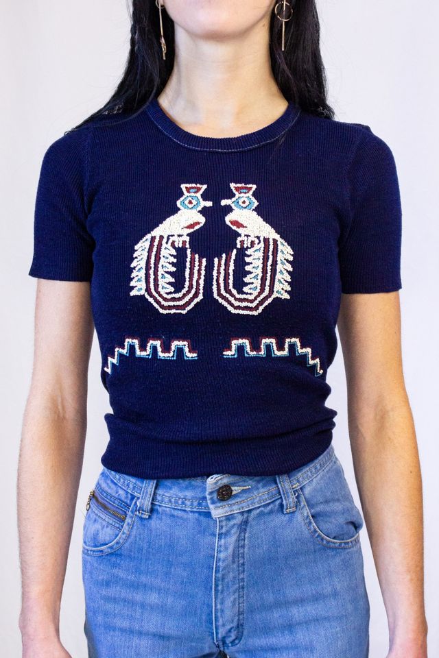 Vintage 70s Beaded Blue Top Selected by Black Shag Vintage