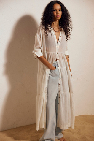 Salt Breeze Cotton Collared Shirt Midi Dress by free-est at Free People in White, Size: XS