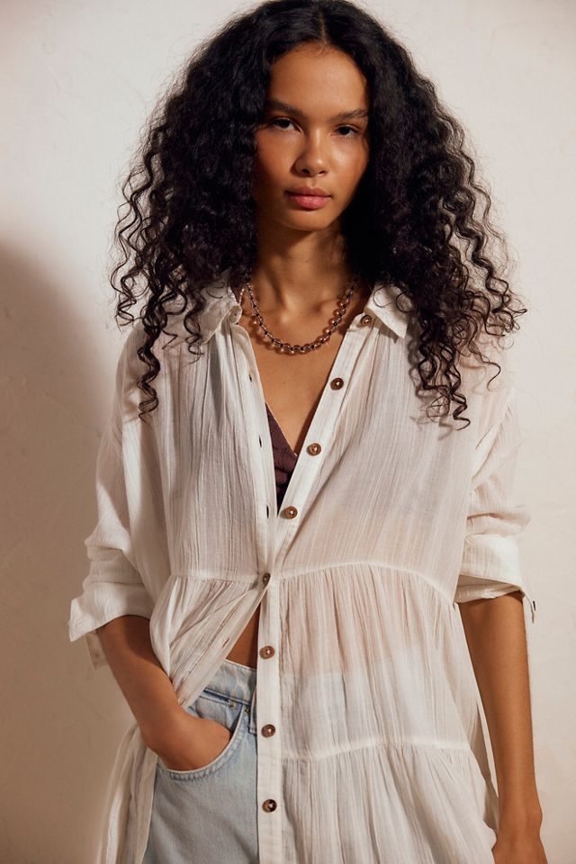 Salt Breeze Cotton Collared Shirt Midi Dress by free-est at Free People in White, Size: XS