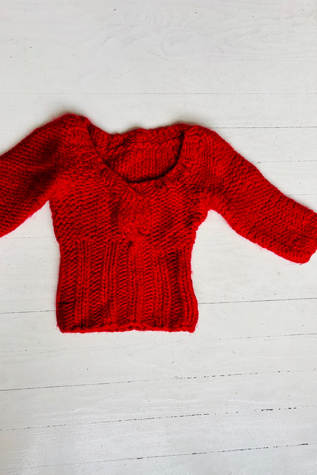 Vintage Handknit Red Thick Yarn Cropped Sweater Selected by Atlantic Vintage