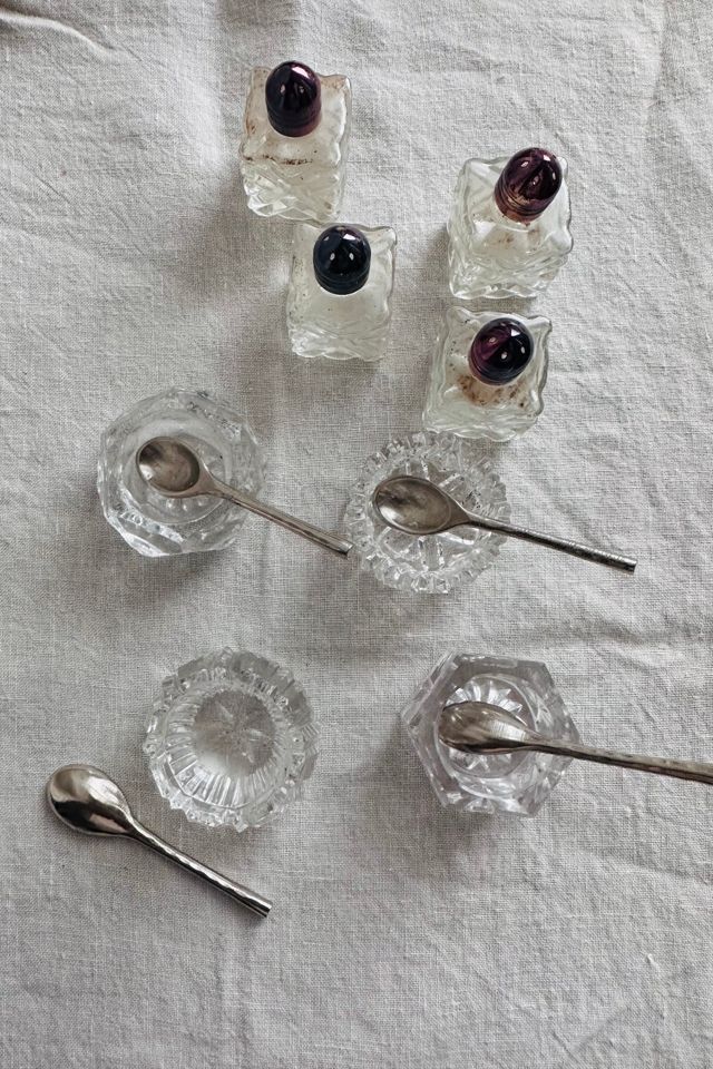 Vintage Mixed Set of Four Clear Glass Salt Cellars and Four Pepper Shakers Selected by KA.TL.AK
