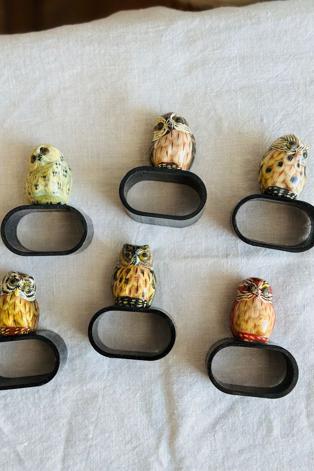 Vintage Hand Painted Set of Six Owl Napkin Rings Selected by KA.TL.AK #2
