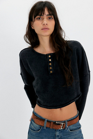 Katie Cropped Henley Sweatshirt by Free People in Black, Size: S
