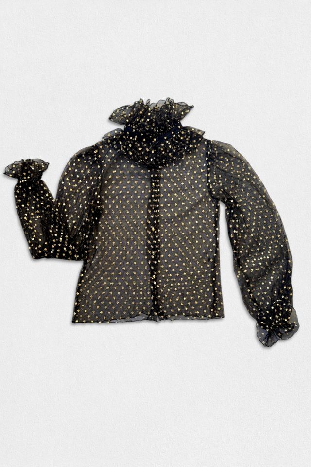 Vintage 70s Romantic Shear Gold Polka-Dot Ruffle Blouse Selected by MARMALADE #1