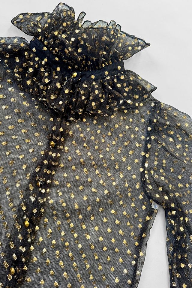 Vintage 70s Romantic Shear Gold Polka-Dot Ruffle Blouse Selected by MARMALADE #2