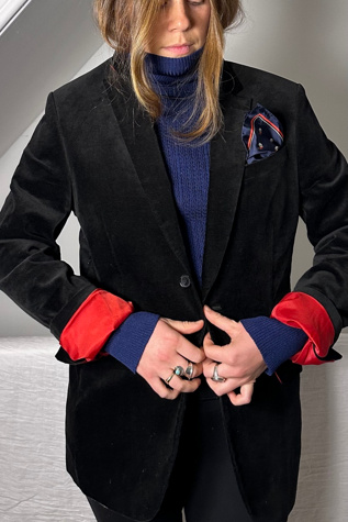 Black Velvet Holiday Blazer with Red Details Selected by KA.TL.AK