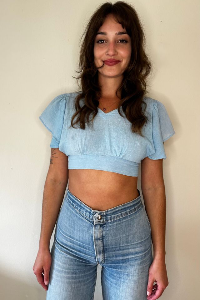 Vintage Baby Blue Cotton 1970s Flutter Crop Blouse Selected by Picky Jane