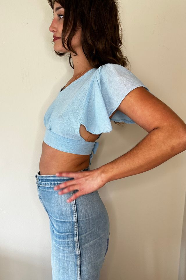 Vintage Baby Blue Cotton 1970s Flutter Crop Blouse Selected by Picky Jane #1