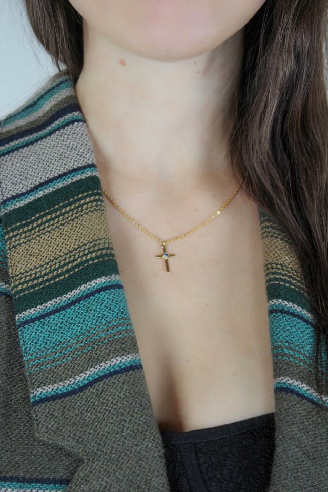 Vintage Blue Sapphire Dainty Gold Cross Pendant Necklace Selected By Moons + Junes Vintage #1
