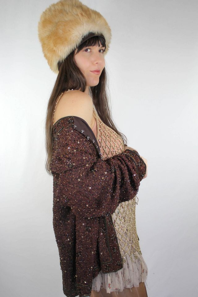 Vintage Sequin Beaded Brown Boho Silk Party Cardi Selected By Moons + Junes Vintage #1