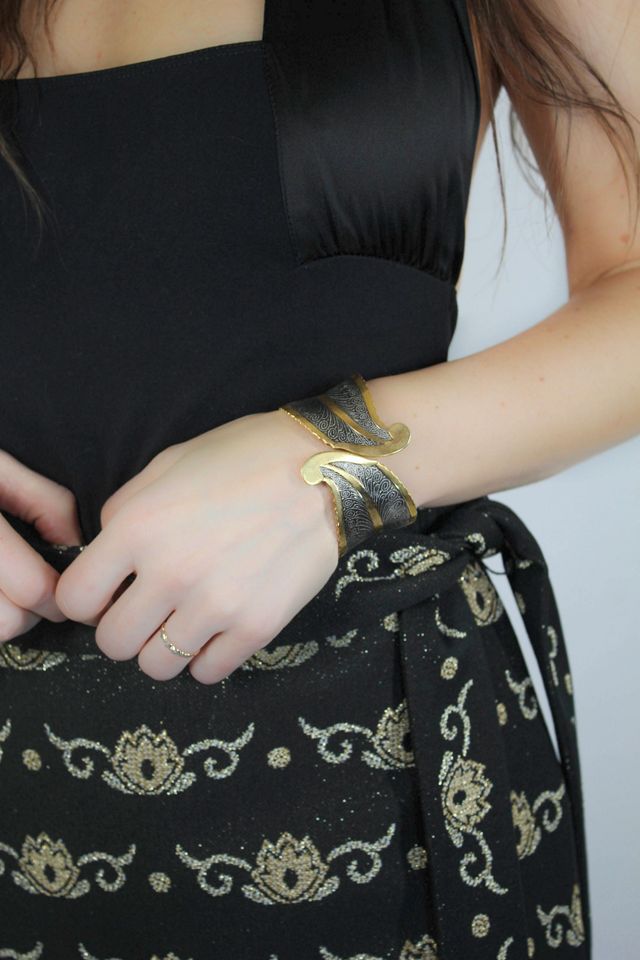 Vintage Damascene Peacock Feather Two Tone Cuff Bracelet Selected By Moons + Junes Vintage #1