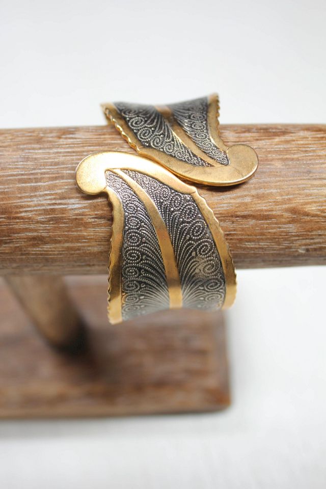 Vintage Damascene Peacock Feather Two Tone Cuff Bracelet Selected By Moons + Junes Vintage #2
