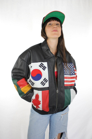 1980s Vintage Phase3 World Flag Leather Bomber Jacket Selected By Moons + Junes Vintage