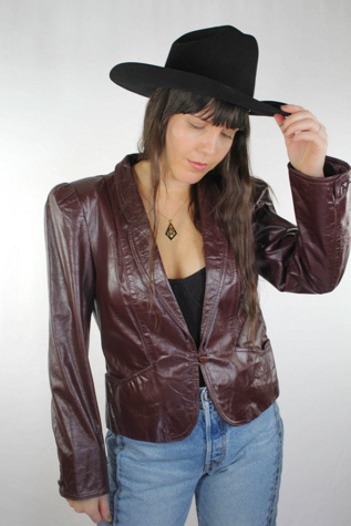 Vintage Burgundy Leather Fitted Jacket Selected By Moons + Junes Vintage